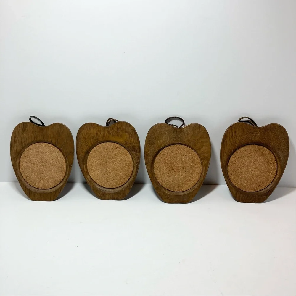 1960s Wood Apple Coaster Vintage Japan Sere Hand Carved Set of 4